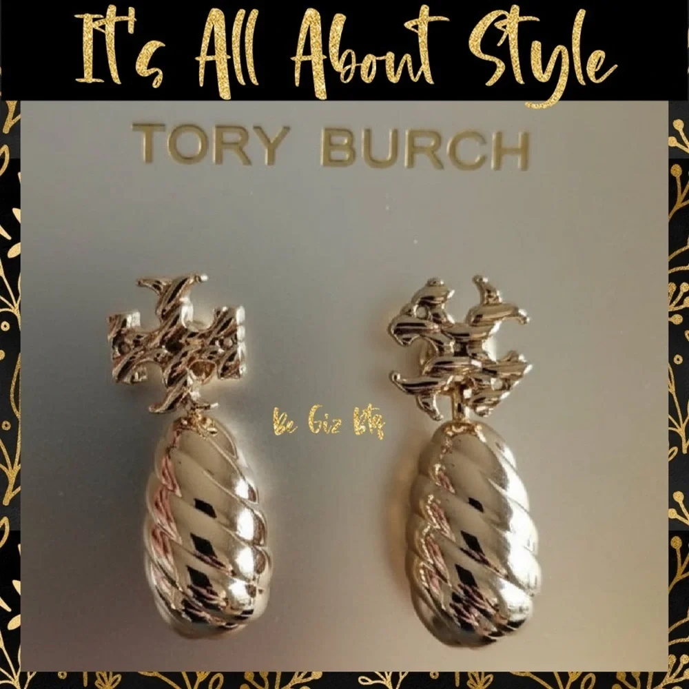 NWT Authentic Tory Burch Textured Rope Front Back Drop Earrings Shiny Gold